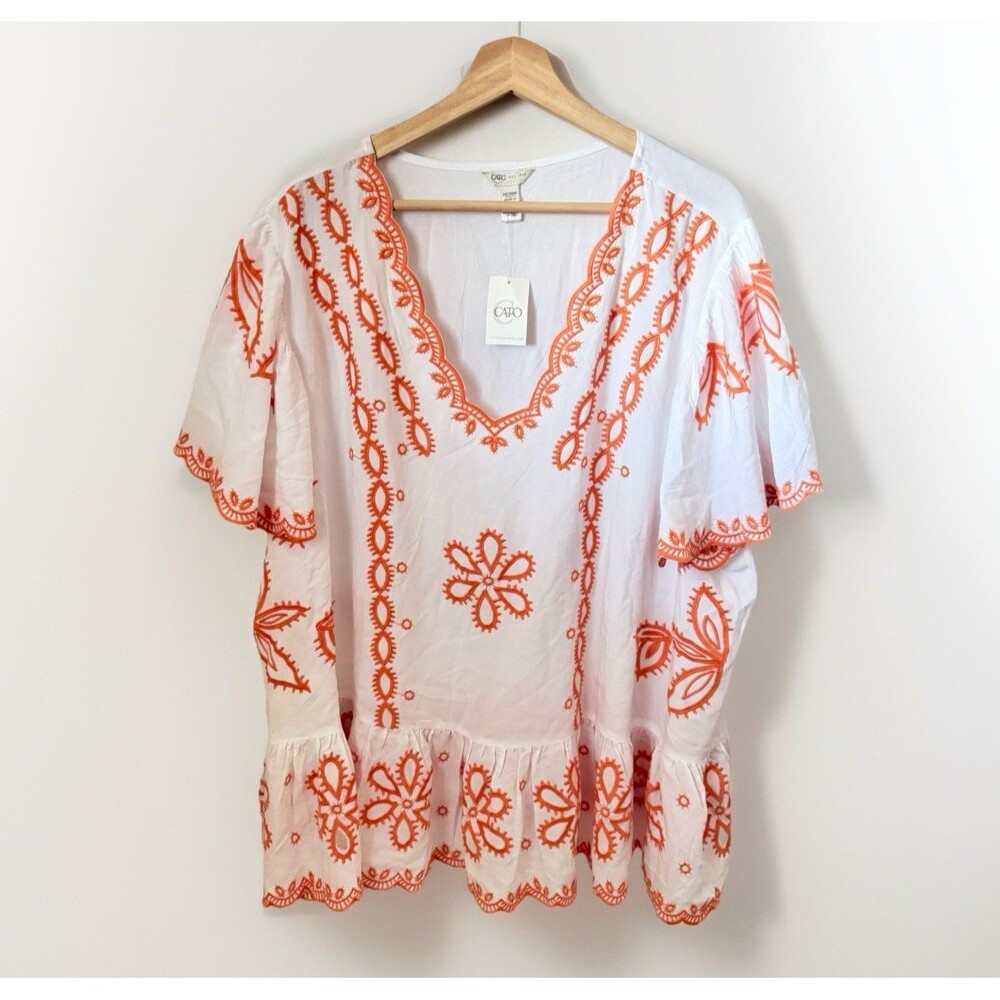 Cato Blouse Women 26/28W White Orange Embroidered Western Resort Peplum Top New